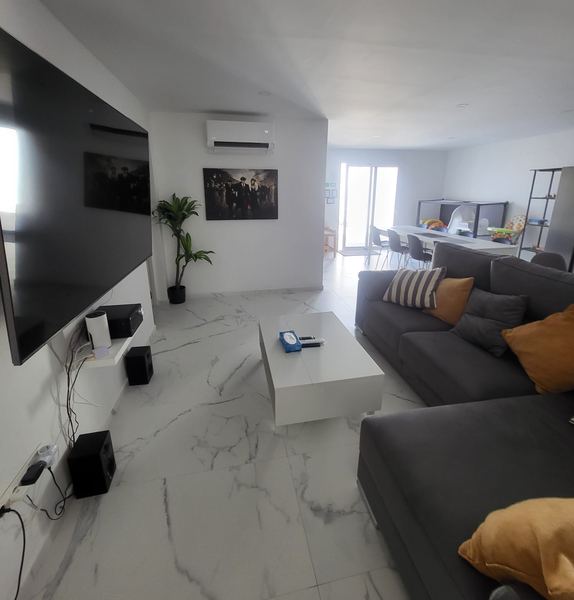 Living room with comfortable sofa and large TV