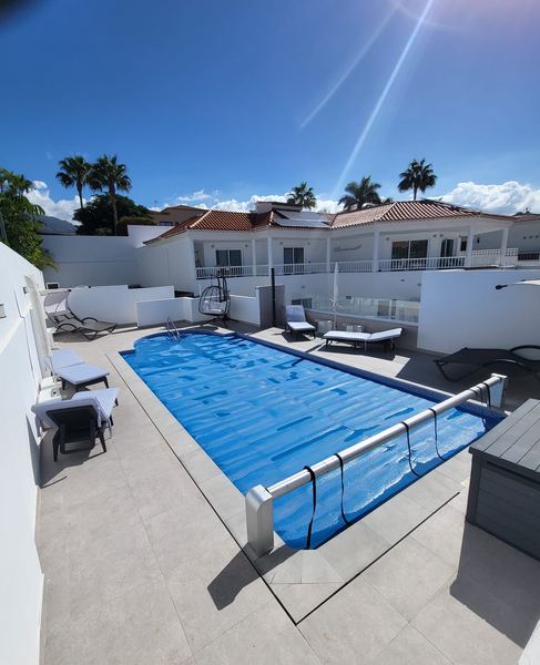 Private pool with the villa and palm trees behind