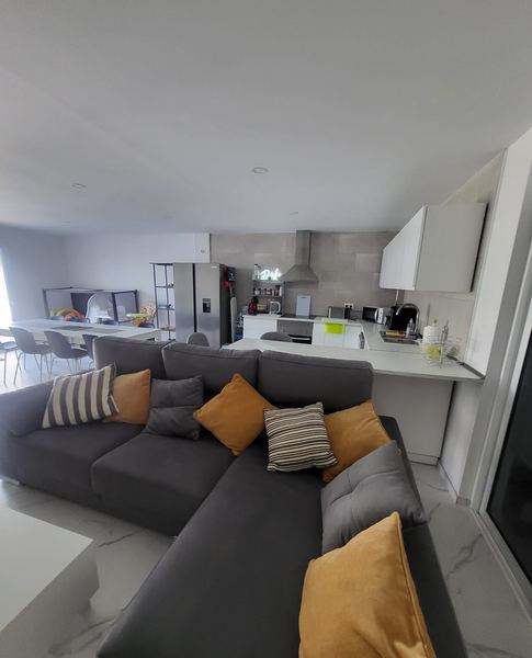 Sofa and kitchen in the open-plan living space